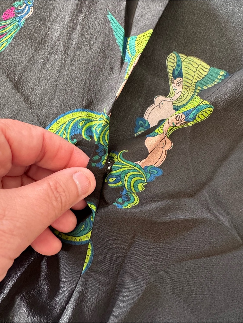Catherine Gee Daria French Cuff Silk Blouse — Black with Green Print - Picture 8 of 11